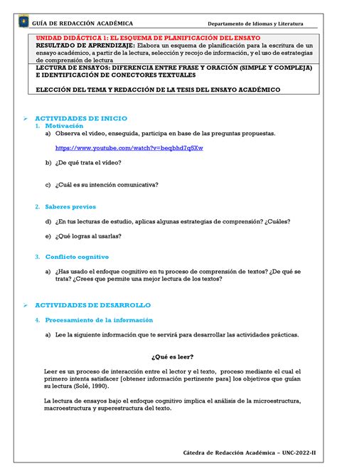 El Esquema De Planificaci N Del Ensayo Semana Unidad Didctica