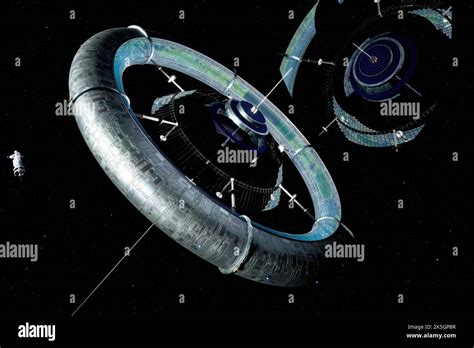 Artwork of a Stanford Torus. This is a design for a space station ...