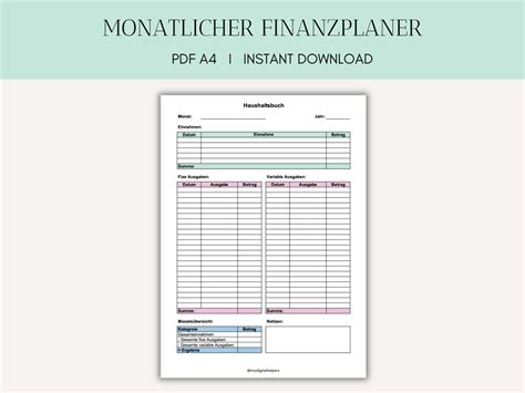 Budget Finanzen Planer Monatliches Haushaltsbuch Instant Digital