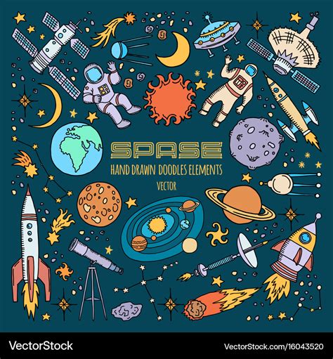 Space objects in universe hand drawn Royalty Free Vector