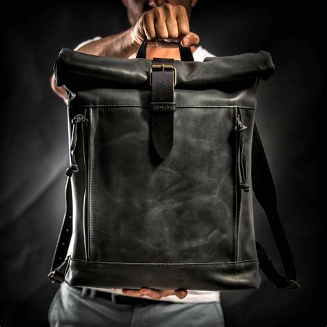 Leather Backpack Roll Top Backpack By Kruk Garage Black Etsy