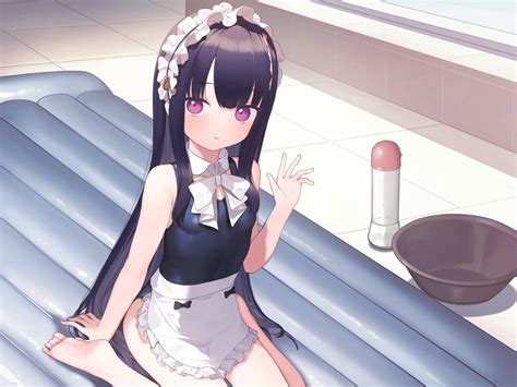 The Big Imageboard Tbib 1girl Air Mattress Apron Bad Id Bad Twitter Id Barefoot Black Hair