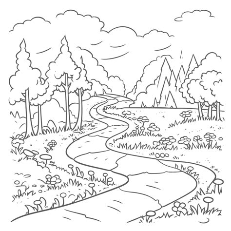 Road Leading Into The Forest With Trees Coloring Page Outline Sketch