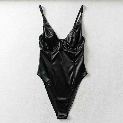 Damen Glänzend Body Turnanzug Ärmellos Elastisch Hoher Schlitz Bikini Bademode eBay