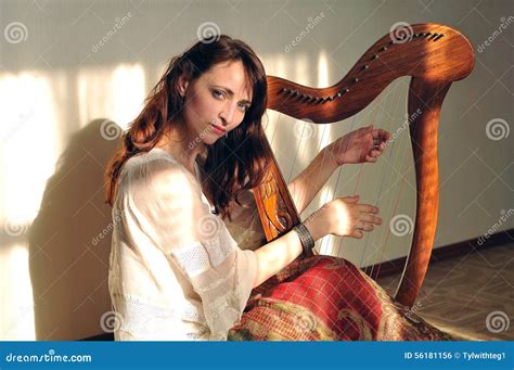 Woman Play Celtic Harp Stock Photo Image Of Home Celtic