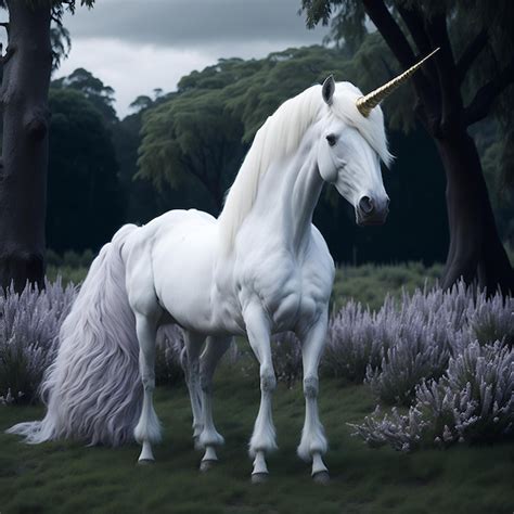 Un Unicornio Con Cola Blanca Y Cola Est Parado En Un Campo Foto Premium