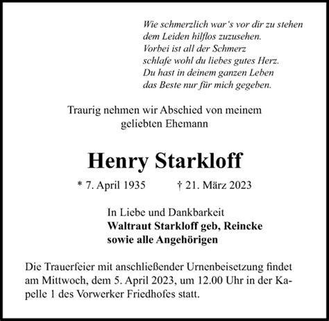 Traueranzeigen Von Henry Starkloff Trauer Anzeigen De