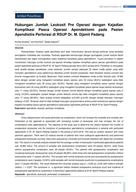 Pdf Hubungan Jumlah Leukosit Pre Operasi Dengan Kejadian Komplikasi