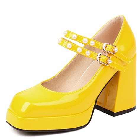 Lib Square Toe Mary Janes Beads Chunky Heels Platforms Pumps Yellow