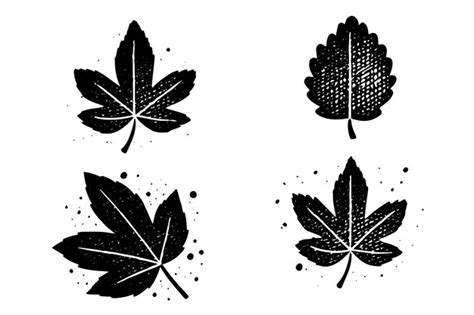 Premium Vector Set Of Lino Cut Vector Stamp Black Leaves And Branch