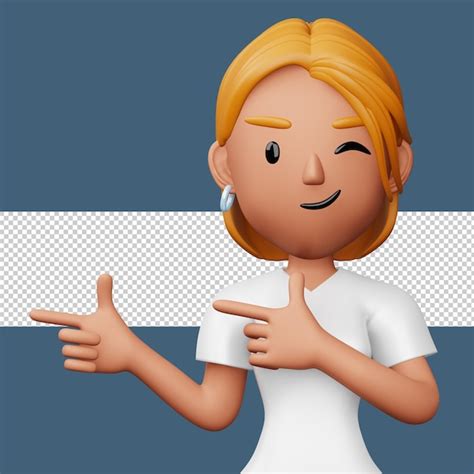 Mujer emocionada feliz que señala al lado representación 3d del