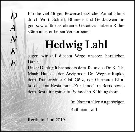 Traueranzeigen Von Hedwig Lahl Trauer Anzeigen De