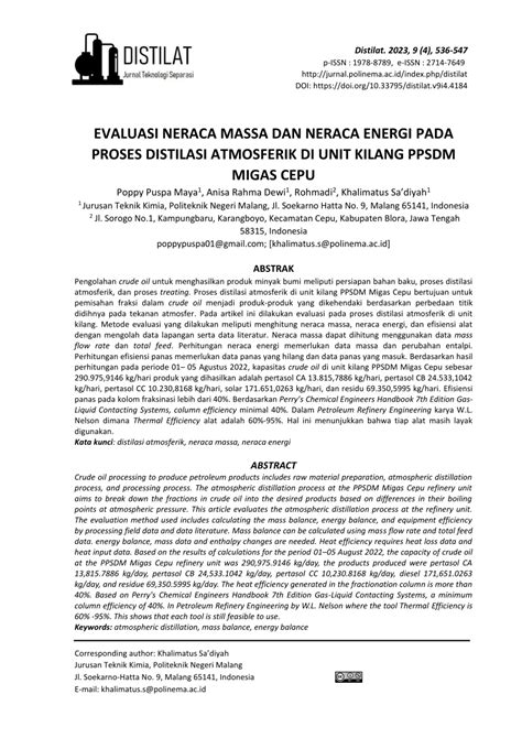 Pdf Evaluasi Neraca Massa Dan Neraca Energi Pada Proses Distilasi