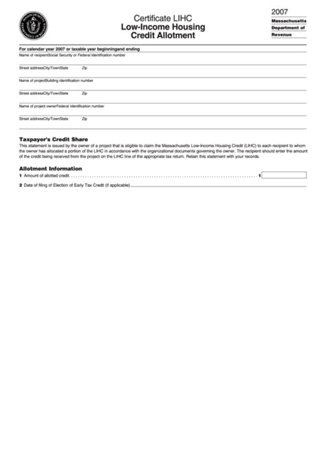 Certificate Lihc Form Low Income Housing Credit Allotment Printable