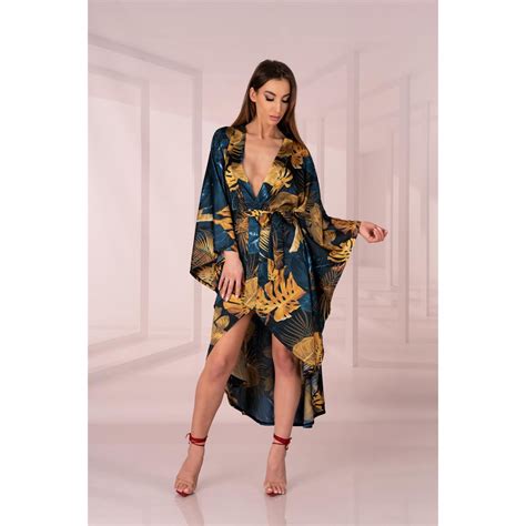 Morgenmantel Mit Flora Muster Blau Gold Oberteile Club Hot Fashion Odretto Highheels