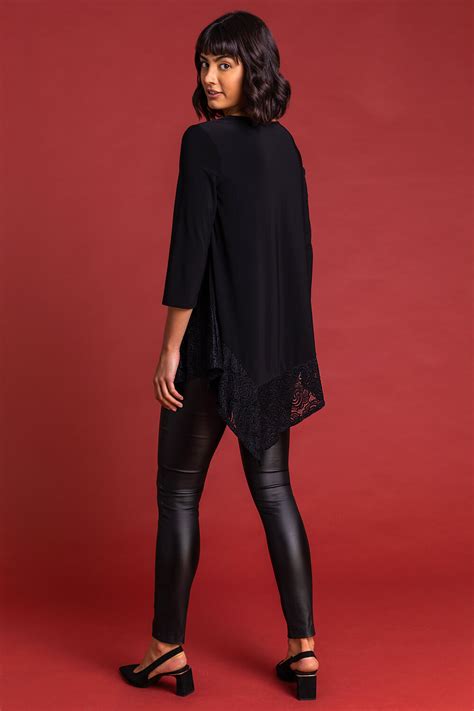 Asymmetric Lace Hem Jersey Top In Black Roman Originals Uk