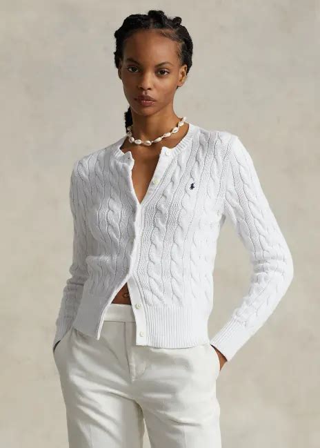 Cable Knit Cotton Crewneck Cardigan In White Ralph Lauren® Hk