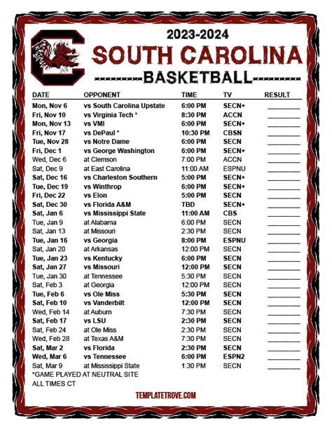 Printable 2023 2024 South Carolina Gamecocks Basketball Schedule