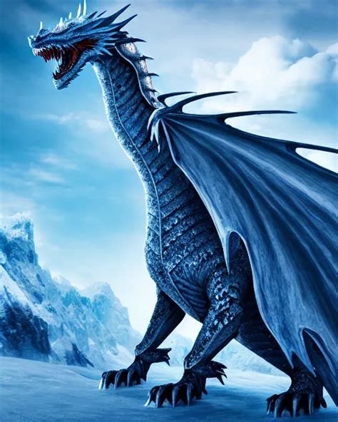 Giant Ice Dragon Standing On A Snowcapped Mountain Stable Diffusion