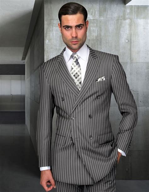 Pc Gray Bold Pinstripe Double Breasted Suit Double Breasted Super