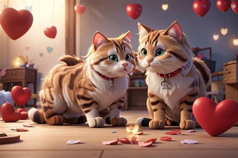 Premium Ai Image Cats Couple In Love With Hearts Valentine S Day Card