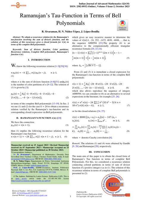 Pdf Ramanujan’s Tau Function In Terms Of Bell Polynomials