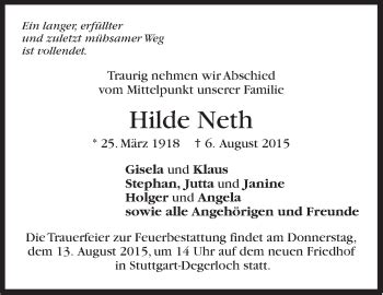 Traueranzeigen Von Hilde Neth Stuttgart Gedenkt De