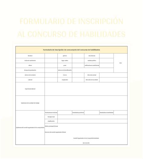 Plantilla De Excel Formulario De Inscripci N Al Concurso De Habilidades