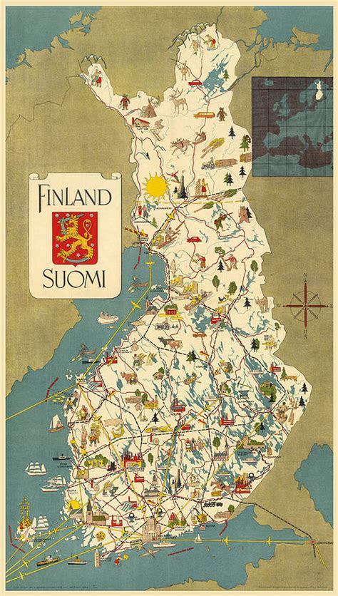 Finland - Suomi - Vintage Illustrated Map of Finland - Historical Map ...