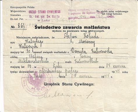 Świadectwo ślubu z 1945r pieczęć orła w koronie koszalin Kup