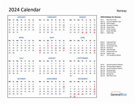 2024 Calendar With Holidays For Norway