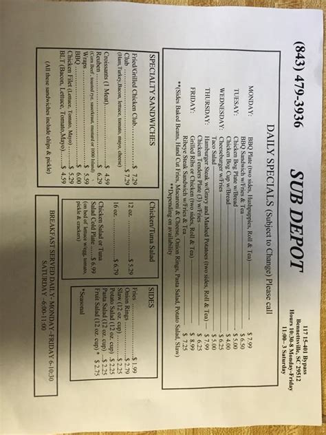 Menu At Sub Depot Restaurant Bennettsville