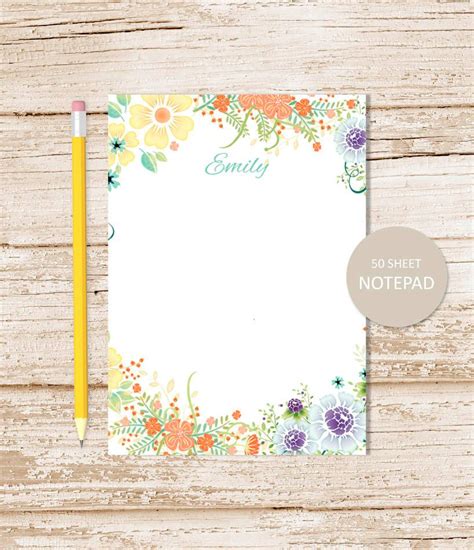 Personalized Notepad Floral Border Note Pad Flowers Notepad