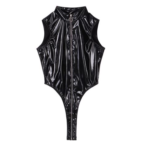 Womens Wet Look Leather Zip Lingerie Leotard Bodysuit Jumpsuit Catsuit Clubwear EBay