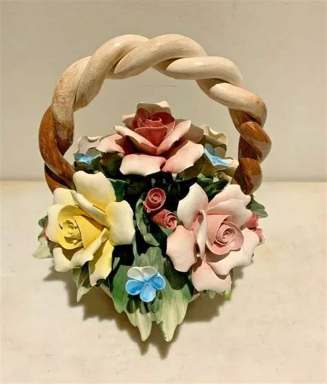 VINTAGE CAPODIMONTE ITALIAN Centerpiece Majolica Flower Bouquet Basket