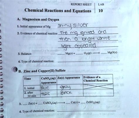 Solved Report Sheet Lab Chemical Reactions And Equations