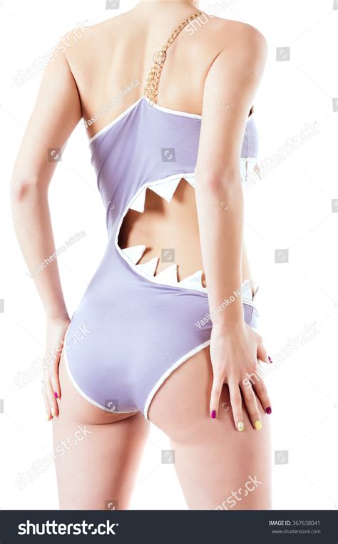 Beautiful Slim Model Gray Swimsuit Nude Stock Photo