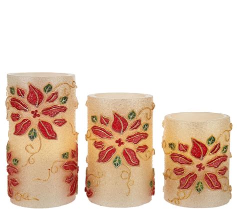 S 3 Poinsettia Embossed Flameless Candles By Valerie Page 1 QVC