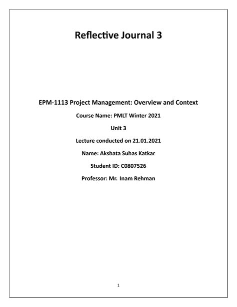 Project Management Overview And Context Reflective Journal 3