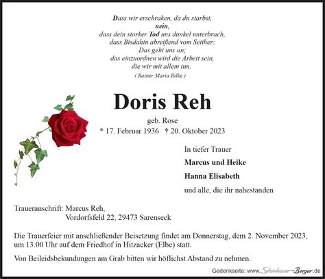 Das Trauerportal F R L Chow Dannenberg Todesanzeigen Doris Reh