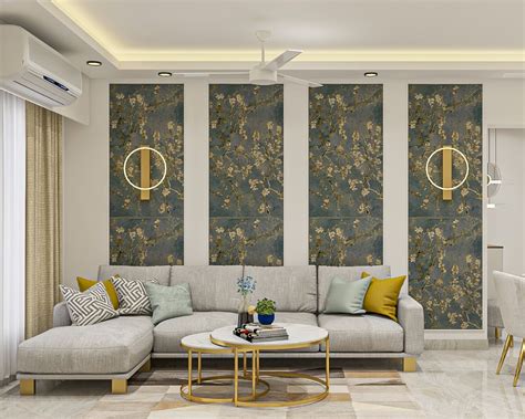 Grey And Cream Living Room Floral And Leafy Wallpaper Design Livspace