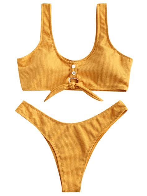 Zaful Ribbed Button Embellished Keyhole Bikini Set Bee Yellow M