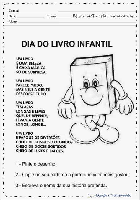 Atividades sobre o Dia do Livro Infantil para imprimir Educação Infantil