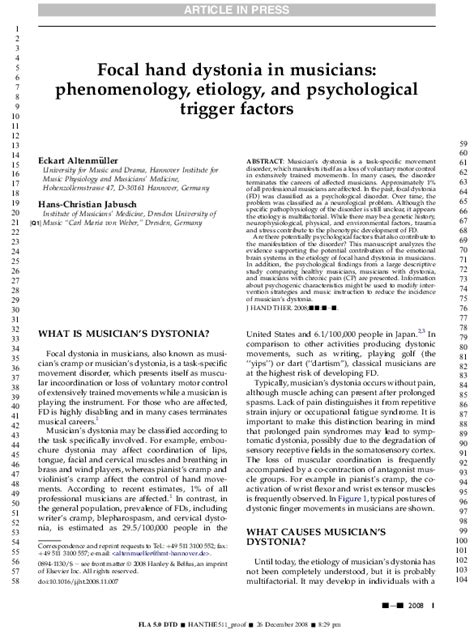 Pdf Focal Hand Dystonia In Musicians Phenomenology Etiology And