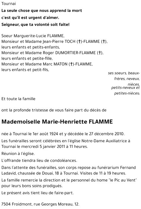 Avis de décès de Marie Henriette FLAMME décédé le 27 12 2010 à Tournai