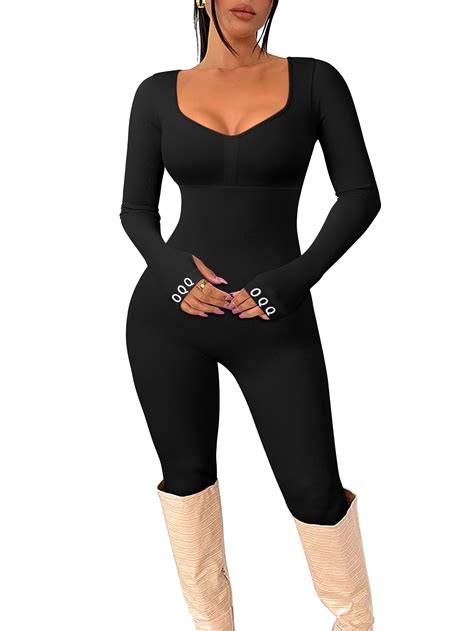 OQQ Womens Yoga Jumpsuits Workout Ribbed Long Sleeve Tops Padded