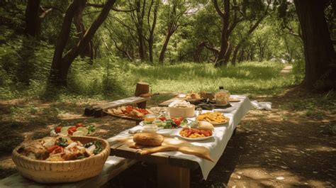 Picnic Table Set Up In The Forest With A Wooden Bench And An Array Of