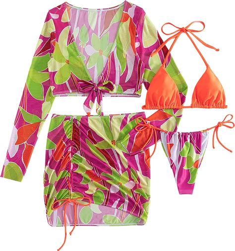 Amazon SweatyRocks Women S 4 Piece Swimsuit Solid Spaghetti Strap High Cut Bikini With