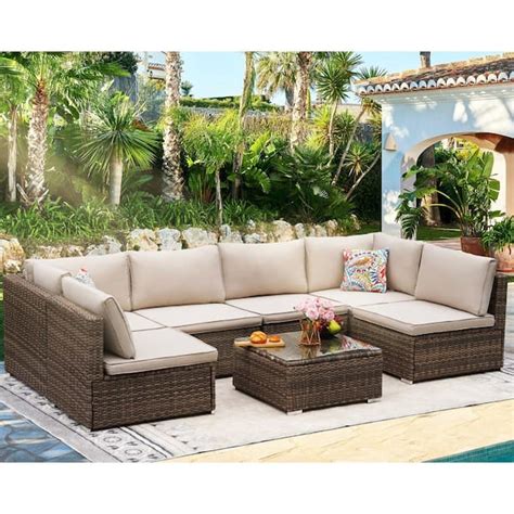 Cesicia 7 Piece Wicker Outdoor Sectional Sofa Set Patio Conversation Set With Beige Cushions