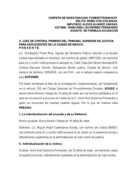 Escrito De Acusacion Ejemplo